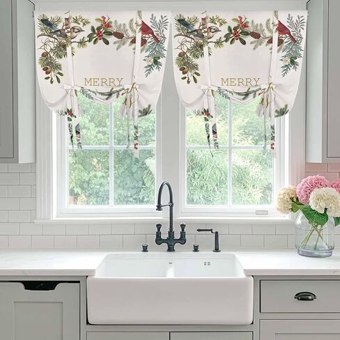 عيد الميلاد الكاردينال ربط الستائر للنافذة، الشتاء عيد الميلاد هولي الصنوبر الفواكه التوت الحراري معزول بالون الظل قابل للتعديل قضيب جيب الستائر الستارة لوحات للمطبخ الحمام مقهى 34 بوصة × 45 بوصة in Kuwait