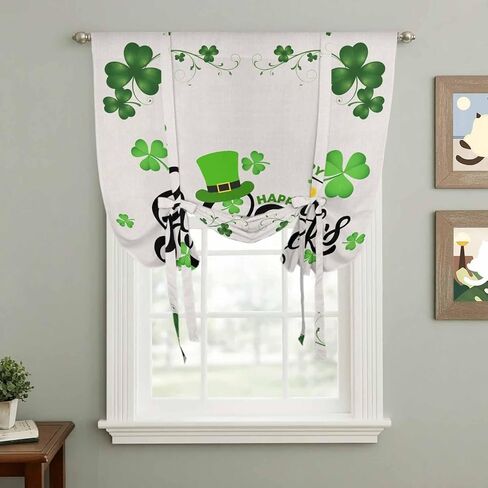Happy St. Patrick's Day Tie Up Curtains for Window, Lucky Shamrocks Grass Hats Thermal Insulated Balloon Shade Adjustable Rod Pocket Curtains Valance Panels for Kitchen Bathroom Café 52'' x 63'' in Kuwait