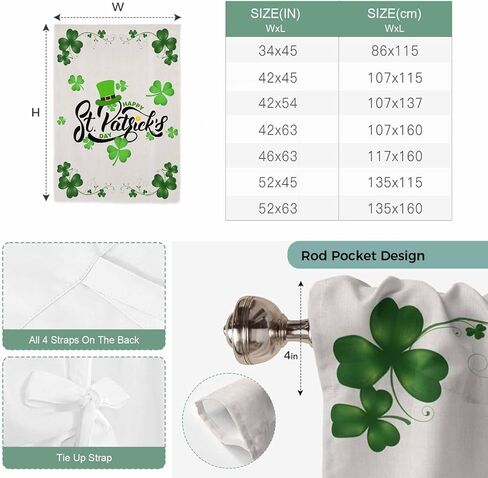 Happy St. Patrick's Day Tie Up Curtains for Window, Lucky Shamrocks Grass Hats Thermal Insulated Balloon Shade Adjustable Rod Pocket Curtains Valance Panels for Kitchen Bathroom Café 52'' x 63'' in Kuwait