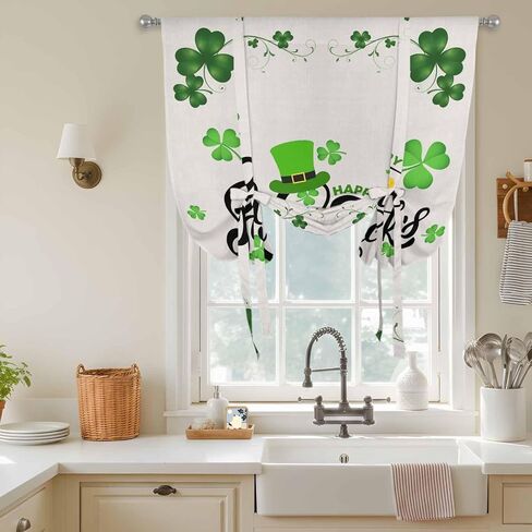 Happy St. Patrick's Day Tie Up Curtains for Window, Lucky Shamrocks Grass Hats Thermal Insulated Balloon Shade Adjustable Rod Pocket Curtains Valance Panels for Kitchen Bathroom Café 52'' x 63'' in Kuwait