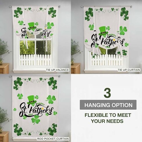Happy St. Patrick's Day Tie Up Curtains for Window, Lucky Shamrocks Grass Hats Thermal Insulated Balloon Shade Adjustable Rod Pocket Curtains Valance Panels for Kitchen Bathroom Café 52'' x 63'' in Kuwait