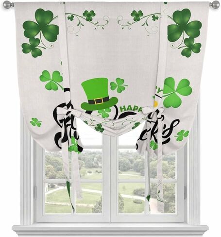 Happy St. Patrick's Day Tie Up Curtains for Window, Lucky Shamrocks Grass Hats Thermal Insulated Balloon Shade Adjustable Rod Pocket Curtains Valance Panels for Kitchen Bathroom Café 52'' x 63'' in Kuwait