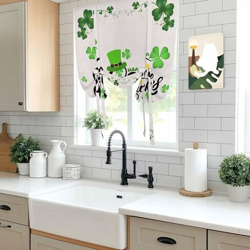 Happy St. Patrick's Day Tie Up Curtains for Window, Lucky Shamrocks Grass Hats Thermal Insulated Balloon Shade Adjustable Rod Pocket Curtains Valance Panels for Kitchen Bathroom Café 52'' x 63'' in Kuwait