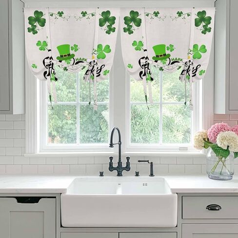 Happy St. Patrick's Day Tie Up Curtains for Window, Lucky Shamrocks Grass Hats Thermal Insulated Balloon Shade Adjustable Rod Pocket Curtains Valance Panels for Kitchen Bathroom Café 52'' x 63'' in Kuwait