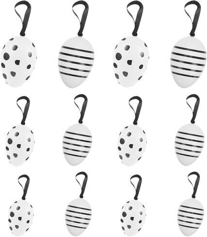 24 قطعة من بيض عيد الفصح المعلق من بريتيزوم، زينة بيض عيد الفصح البلاستيكية باللونين الأسود والأبيض لتزيين الشجرة، أعمال الرسم اليدوية للمنزل in Kuwait