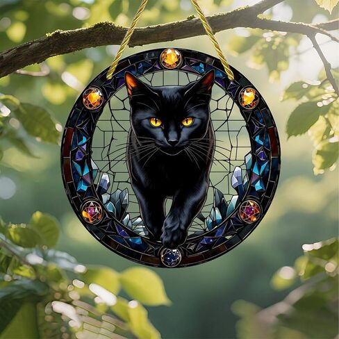 Colorful Acrylic Suncatcher, Black Cat in Jeweled Stained Glass 7-inch Hanging Window Wall Art Decor with Printed Stained Glass Style Design, Gift Idea & Garden Ornament Indoor Outdoor Use in Saudi Arabia