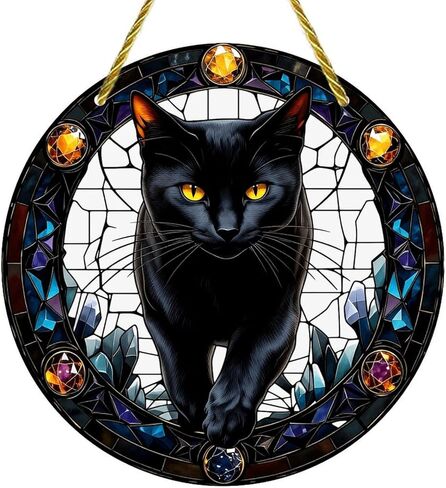 Colorful Acrylic Suncatcher, Black Cat in Jeweled Stained Glass 7-inch Hanging Window Wall Art Decor with Printed Stained Glass Style Design, Gift Idea & Garden Ornament Indoor Outdoor Use in Saudi Arabia