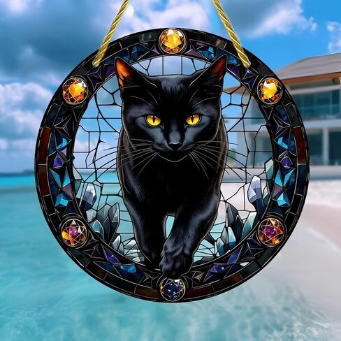 Colorful Acrylic Suncatcher, Black Cat in Jeweled Stained Glass 7-inch Hanging Window Wall Art Decor with Printed Stained Glass Style Design, Gift Idea & Garden Ornament Indoor Outdoor Use in Saudi Arabia