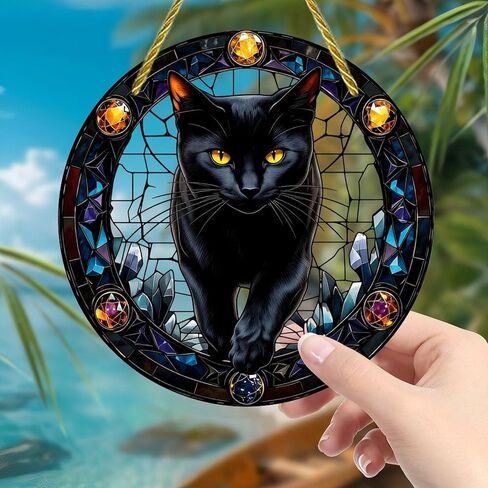 Colorful Acrylic Suncatcher, Black Cat in Jeweled Stained Glass 7-inch Hanging Window Wall Art Decor with Printed Stained Glass Style Design, Gift Idea & Garden Ornament Indoor Outdoor Use in Saudi Arabia