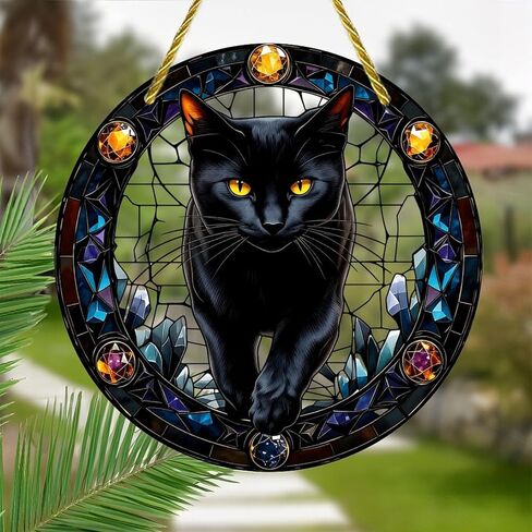 Colorful Acrylic Suncatcher, Black Cat in Jeweled Stained Glass 7-inch Hanging Window Wall Art Decor with Printed Stained Glass Style Design, Gift Idea & Garden Ornament Indoor Outdoor Use in Saudi Arabia