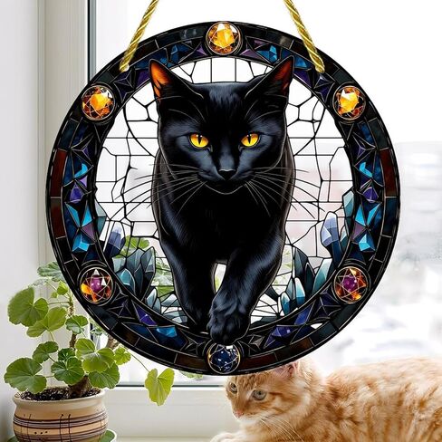Colorful Acrylic Suncatcher, Black Cat in Jeweled Stained Glass 7-inch Hanging Window Wall Art Decor with Printed Stained Glass Style Design, Gift Idea & Garden Ornament Indoor Outdoor Use in Saudi Arabia