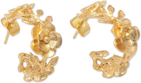 NOVICA Handmade .925 Sterling Silver 22k Gold Plated Halfhoop Earrings with Floral Details Indonesia [0.9 in L x 0.4 in W x 0.7 in D] 'Aura of The Golden Flower' in Saudi Arabia