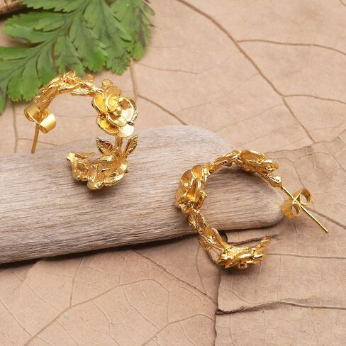 NOVICA Handmade .925 Sterling Silver 22k Gold Plated Halfhoop Earrings with Floral Details Indonesia [0.9 in L x 0.4 in W x 0.7 in D] 'Aura of The Golden Flower' in Saudi Arabia