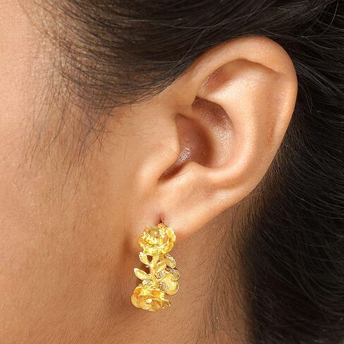 NOVICA Handmade .925 Sterling Silver 22k Gold Plated Halfhoop Earrings with Floral Details Indonesia [0.9 in L x 0.4 in W x 0.7 in D] 'Aura of The Golden Flower' in Saudi Arabia
