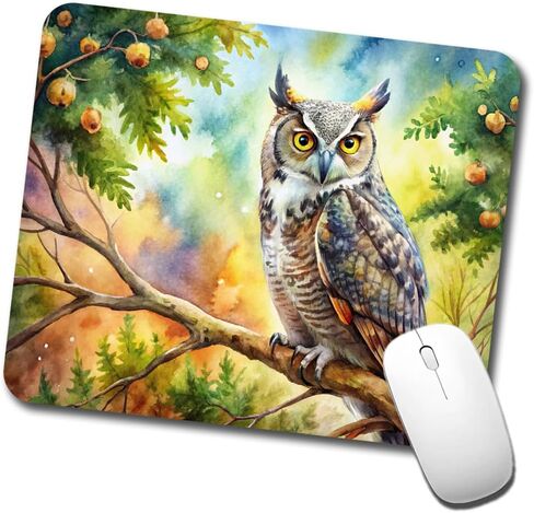 Great Horned Owl in Tree Watercolor Low Profile Mouse Pad Mat in Kuwait