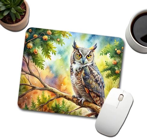 Great Horned Owl in Tree Watercolor Low Profile Mouse Pad Mat in Kuwait