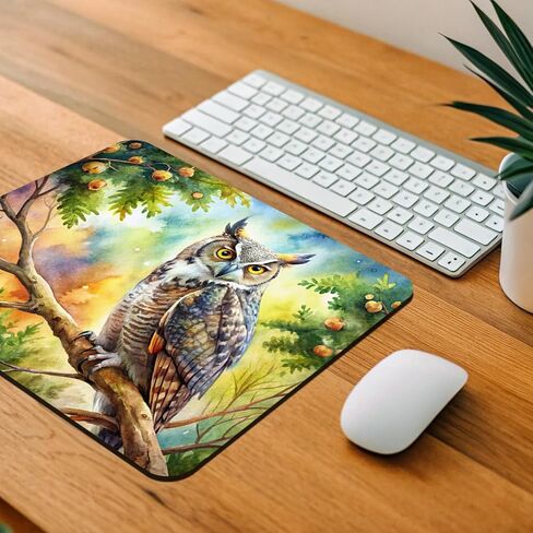 Great Horned Owl in Tree Watercolor Low Profile Mouse Pad Mat in Kuwait