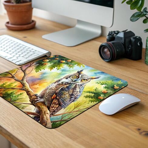 Great Horned Owl in Tree Watercolor Low Profile Mouse Pad Mat in Kuwait