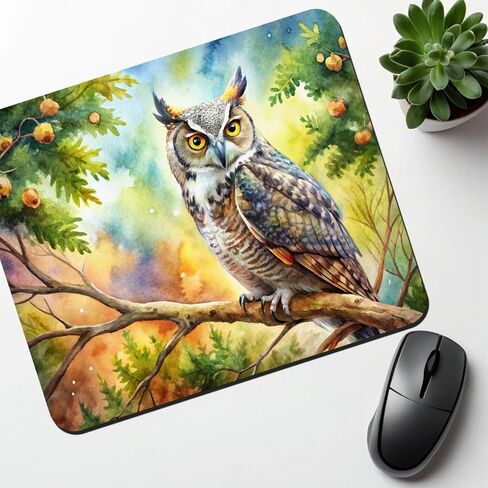Great Horned Owl in Tree Watercolor Low Profile Mouse Pad Mat in Kuwait