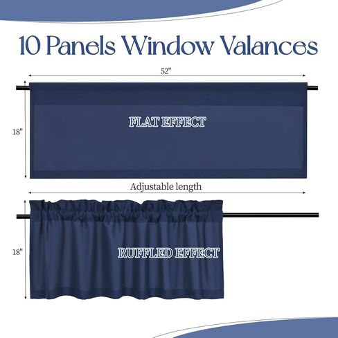 10 Panels Blackout Curtain Valances for Kitchen Living Room Bathroom Bedroom, 52" x 18" Navy Blue Valances for Windows Rod Pocket Short Curtains for Small Window, Thermal Insulated Valance in Kuwait