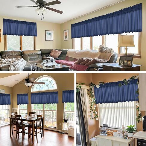 10 Panels Blackout Curtain Valances for Kitchen Living Room Bathroom Bedroom, 52" x 18" Navy Blue Valances for Windows Rod Pocket Short Curtains for Small Window, Thermal Insulated Valance in Kuwait