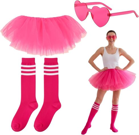 طقم توتو وردي فاقع مكون من 3 قطع، طقم ملابس توتو وردي للبالغين مع جوارب ونظارات، زي تنورة باليه نسائي للرقص، والحفلات، والحفلات التنكرية، مصنوع من مادة التول الناعمة، مقاس مريح in Kuwait