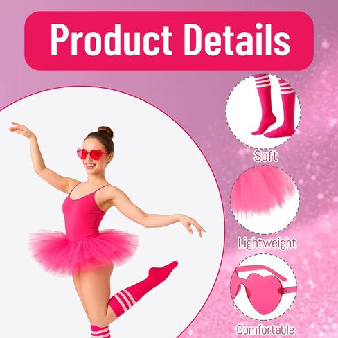 طقم توتو وردي فاقع مكون من 3 قطع، طقم ملابس توتو وردي للبالغين مع جوارب ونظارات، زي تنورة باليه نسائي للرقص، والحفلات، والحفلات التنكرية، مصنوع من مادة التول الناعمة، مقاس مريح in Kuwait