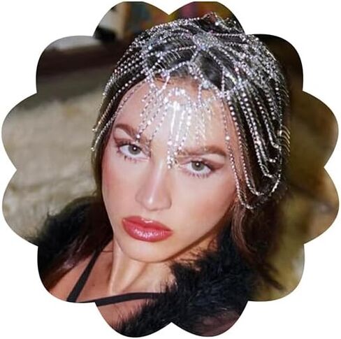 Xerling Rhinestones Tassel Cap Headpiece 1920s Flapper Head Chain Bridal Hair Accessories Silver Crystal Cleopatra Head Jewelry for Women (Type D Silver) in Saudi Arabia