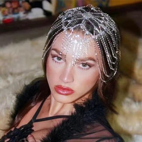 Xerling Rhinestones Tassel Cap Headpiece 1920s Flapper Head Chain Bridal Hair Accessories Silver Crystal Cleopatra Head Jewelry for Women (Type D Silver) in Saudi Arabia