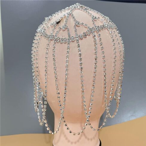 Xerling Rhinestones Tassel Cap Headpiece 1920s Flapper Head Chain Bridal Hair Accessories Silver Crystal Cleopatra Head Jewelry for Women (Type D Silver) in Saudi Arabia