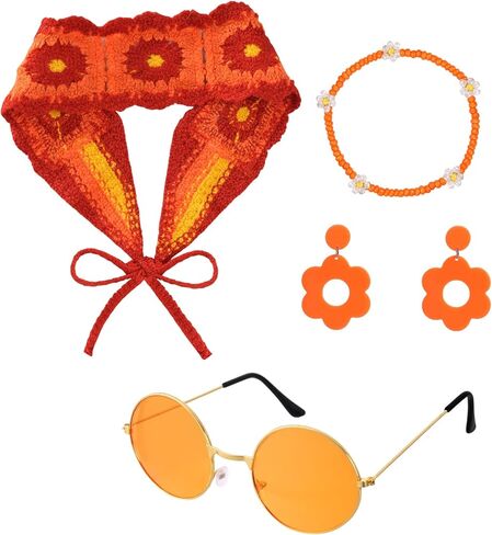 4 Pcs 60s 70s Hippie Accessories for Women Hippie Costume Accessories Set Flower Knit Headband Earrings Bracelet Sunglasses in Kuwait