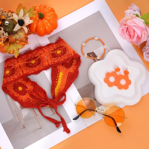 4 Pcs 60s 70s Hippie Accessories for Women Hippie Costume Accessories Set Flower Knit Headband Earrings Bracelet Sunglasses in Kuwait