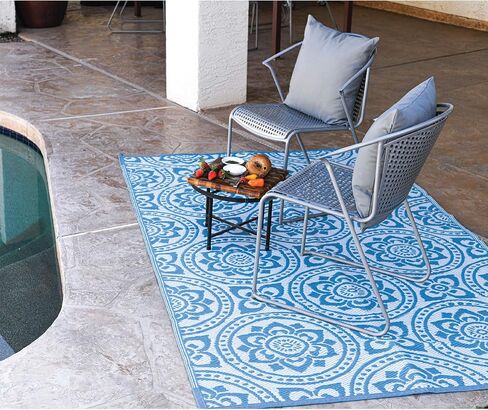 أنيق للتخييم 255083 5 أقدام × 8 أقدام بساط قابل للعكس، سجادة من القش البلاستيكي، سجادة أرضية كبيرة للأماكن الخارجية، عربة سكن متنقلة، فناء خلفي، نزهة، شاطئ، تخييم - حصيرة أوراق الشجر (فيروزي/أبيض) in Kuwait