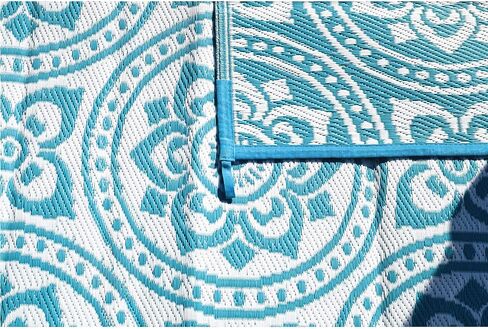 أنيق للتخييم 255083 5 أقدام × 8 أقدام بساط قابل للعكس، سجادة من القش البلاستيكي، سجادة أرضية كبيرة للأماكن الخارجية، عربة سكن متنقلة، فناء خلفي، نزهة، شاطئ، تخييم - حصيرة أوراق الشجر (فيروزي/أبيض) in Kuwait