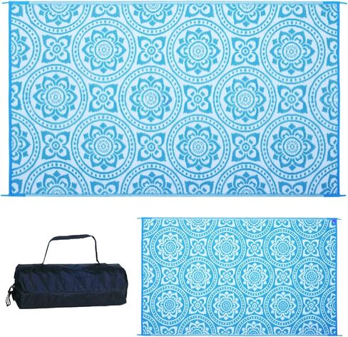 أنيق للتخييم 255083 5 أقدام × 8 أقدام بساط قابل للعكس، سجادة من القش البلاستيكي، سجادة أرضية كبيرة للأماكن الخارجية، عربة سكن متنقلة، فناء خلفي، نزهة، شاطئ، تخييم - حصيرة أوراق الشجر (فيروزي/أبيض) in Kuwait