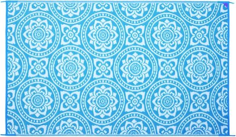 أنيق للتخييم 255083 5 أقدام × 8 أقدام بساط قابل للعكس، سجادة من القش البلاستيكي، سجادة أرضية كبيرة للأماكن الخارجية، عربة سكن متنقلة، فناء خلفي، نزهة، شاطئ، تخييم - حصيرة أوراق الشجر (فيروزي/أبيض) in Kuwait