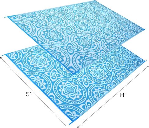 أنيق للتخييم 255083 5 أقدام × 8 أقدام بساط قابل للعكس، سجادة من القش البلاستيكي، سجادة أرضية كبيرة للأماكن الخارجية، عربة سكن متنقلة، فناء خلفي، نزهة، شاطئ، تخييم - حصيرة أوراق الشجر (فيروزي/أبيض) in Kuwait