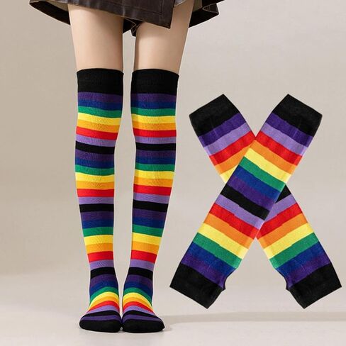 1 Set Womens Rainbow Socks Striped Knee High Socks Arm Warmer Fingerless Gloves Set in Saudi Arabia