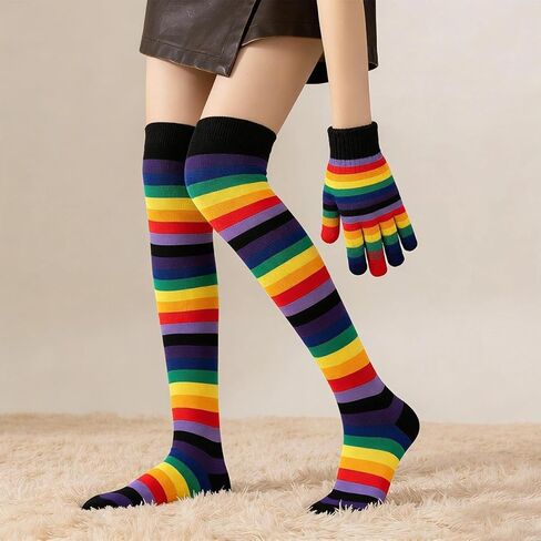 1 Set Womens Rainbow Socks Striped Knee High Socks Arm Warmer Fingerless Gloves Set in Saudi Arabia