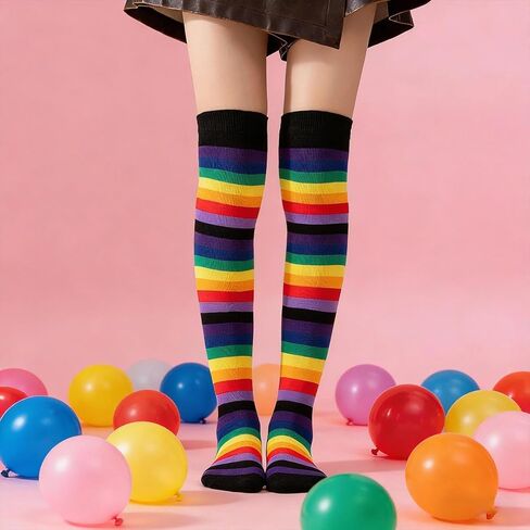 1 Set Womens Rainbow Socks Striped Knee High Socks Arm Warmer Fingerless Gloves Set in Saudi Arabia