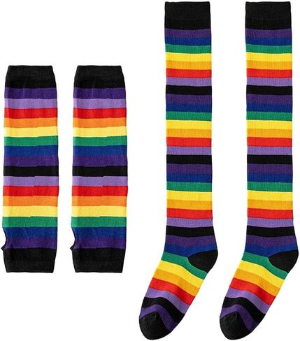 1 Set Womens Rainbow Socks Striped Knee High Socks Arm Warmer Fingerless Gloves Set in Saudi Arabia