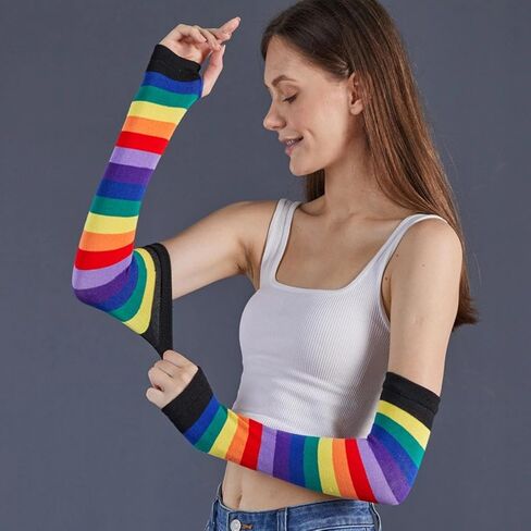 1 Set Womens Rainbow Socks Striped Knee High Socks Arm Warmer Fingerless Gloves Set in Saudi Arabia