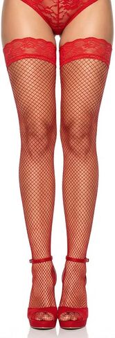 Women's Sexy Fishnet Thigh-High Stockings with Silicone Lace Top Sheer Pantyhose Hosiery for Women Red in Kuwait