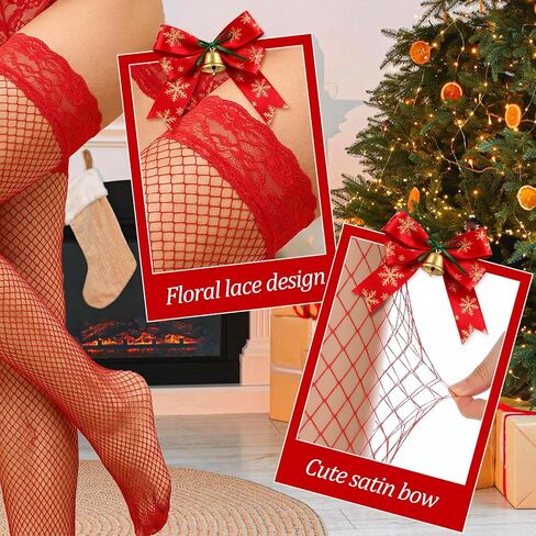 Women's Sexy Fishnet Thigh-High Stockings with Silicone Lace Top Sheer Pantyhose Hosiery for Women Red in Kuwait