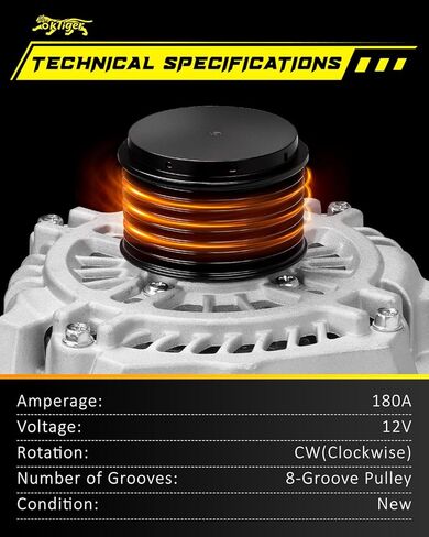 Oktiger 6.7L L6 Diesel Upgraded Alternator for Ram 2500 3500 2011-2020 6.7L L6 Diesel, Fit for Ram 2011 2012 2013 2014 2015 2016 2017 2018 2019 2020, 12V 180A CW 8-Groove Clutch Pulley, OE 04801768AA in Kuwait