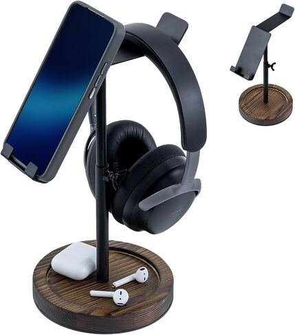 MyGift Deluxe Urban Matte Black Metal Headphone Stand with Rustic Solid Wood Base, Desktop Office Gaming Headset Holder Pedestal Display Rack in Kuwait