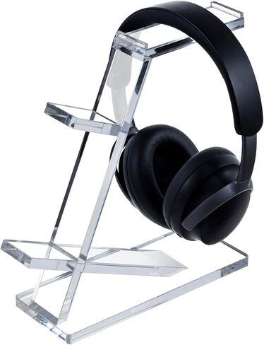 MyGift Deluxe Urban Matte Black Metal Headphone Stand with Rustic Solid Wood Base, Desktop Office Gaming Headset Holder Pedestal Display Rack in Saudi Arabia