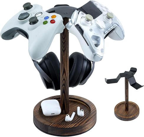 MyGift Deluxe Urban Matte Black Metal Headphone Stand with Rustic Solid Wood Base, Desktop Office Gaming Headset Holder Pedestal Display Rack in Saudi Arabia