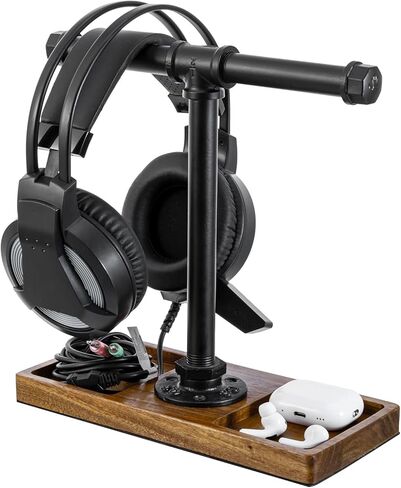 MyGift Deluxe Urban Matte Black Metal Headphone Stand with Rustic Solid Wood Base, Desktop Office Gaming Headset Holder Pedestal Display Rack in Saudi Arabia