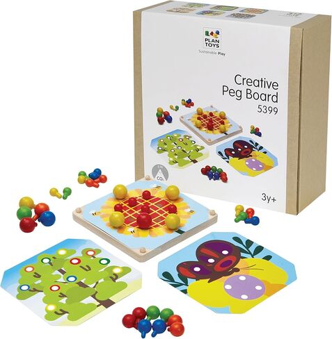 PlanToys Creative Wooden Peg Board With 3 Double Sided Cards (5399) | Sustainably Made from Rubberwood and Non-Toxic Paints and Dyes in Kuwait